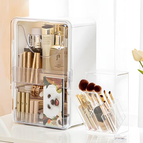 Acrylic Makeup Brush Organizer with Lid for Vanity Desk