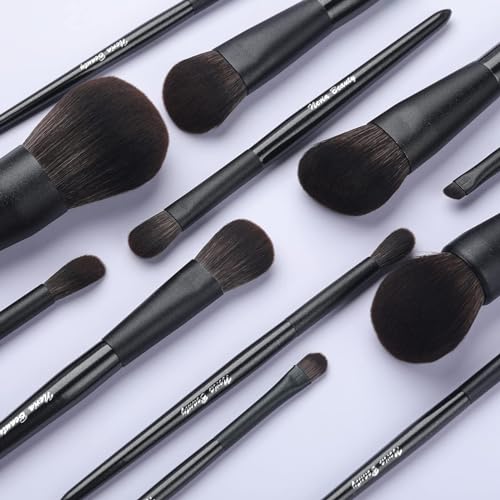 12 Piece Wood Handle Soft Synthetic Makeup Brush Set (Black)