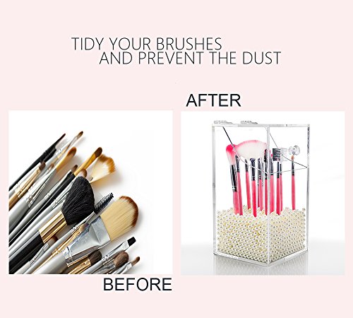 NEWCREA Dustproof Acrylic Brush Holder with Lid & White Pearls