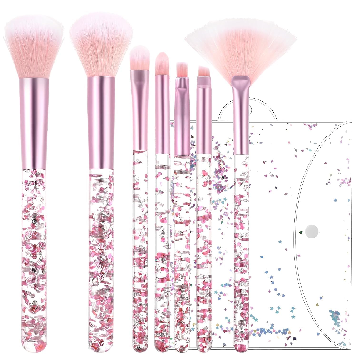 PINK 7-Piece Crystal Sparkles Powder Brush Set, Makeup Brushes Fan