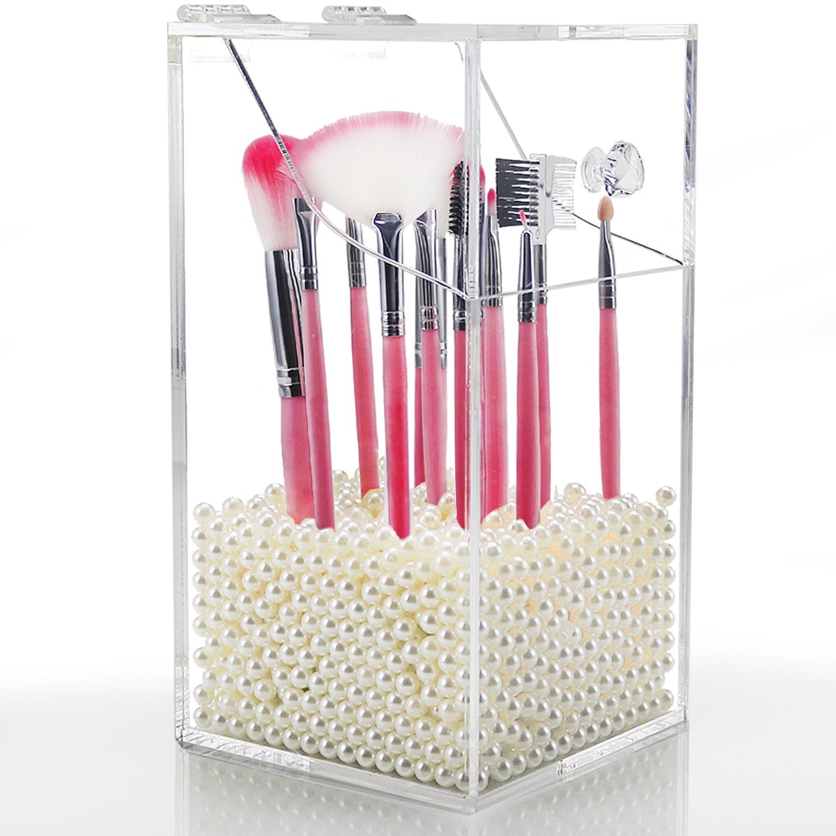 NEWCREA Dustproof Acrylic Brush Holder with Lid & White Pearls