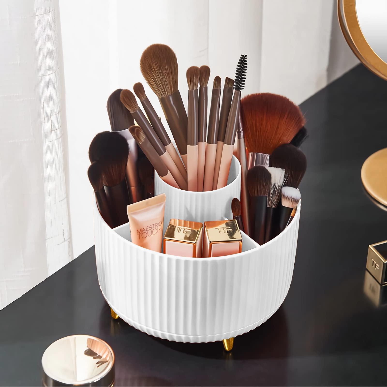 360° Rotating Makeup Brush Holder, 5 Slot White Organizer - Bathroom Vanity Desktop