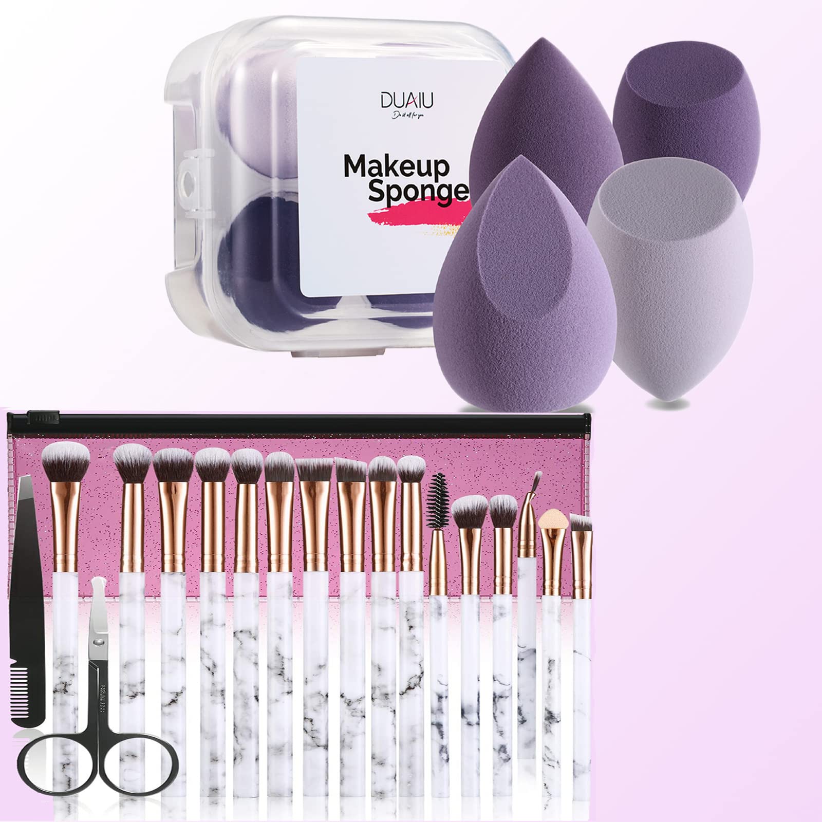 DUAIU 16Pcs Eyeshadow Brushes & 4Pcs Sponge Makeup Set Pink Bag