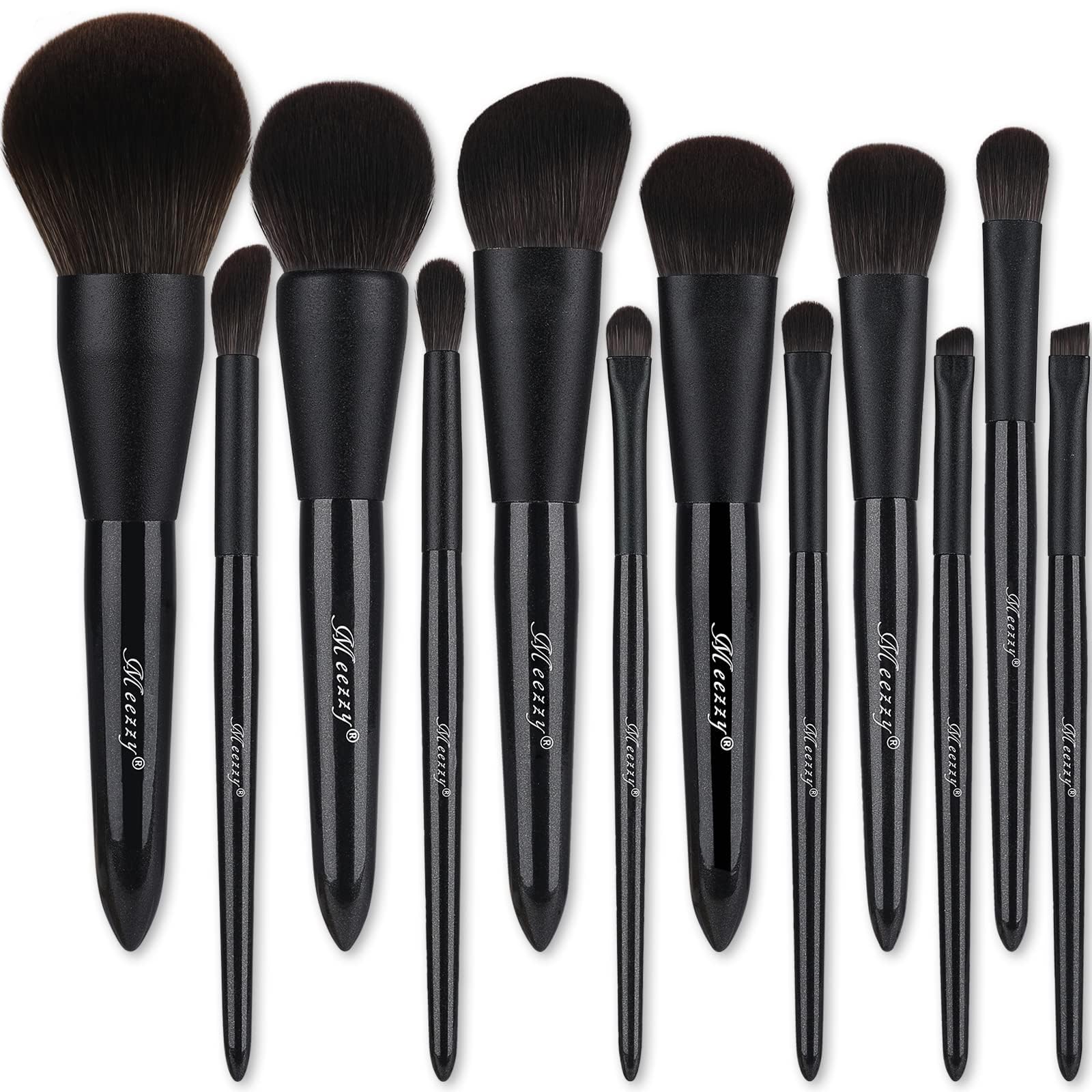12 Piece Wood Handle Soft Synthetic Makeup Brush Set (Black)